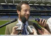 12 August 2003; GAA President Sean Kelly is interviewed by journalists at the announcement, in Croke Park, that O'Neills are to sponsor the Kilmacud Crokes All-Ireland Football Sevens. The tournament this year celebrates its 31st anniversary and is being held at Glenalbyn on Saturday September 27th, the eve of the Football Final. Picture credit; Ray McManus / SPORTSFILE *EDI*