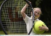 12 August 2003; Kate Somers, age 9, from Hedley Park Montessori School at the launch of the Danone Junior Lawn Tennis Championships 2003 in Merrion Sq, Dublin. Tennis. Picture credit; Brendan Moran / SPORTSFILE *EDI*