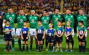 9 June 2018; Ireland players, from left, captain Peter O'Mahony, Jack McGrath, Rob Herring, Joey Carbery, Conor Murray, Jordi Murphy and John Ryan stand for the national anthem prior to the 2018 Mitsubishi Estate Ireland Series 1st Test match between Australia and Ireland at Suncorp Stadium, in Brisbane, Australia. Photo by Brendan Moran/Sportsfile