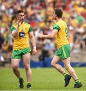 10 June 2018; Leo McLoone of Donegal, right, celebrates with Patrick McBrearty after scoring his side's first goal during the Ulster GAA Football Senior Championship Semi-Final match between Donegal and Down at St Tiernach's Park in Clones, Monaghan. Photo by Oliver McVeigh/Sportsfile