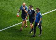 10 June 2018; Dublin goalkeeper Stephen Cluxton leaves the field after picking up an injury after he was tackled after the ball by James McGivney of Longford, for which McGivney was shown the red card by referee Maurice Deegan, during the Leinster GAA Football Senior Championship Semi-Final match between Dublin and Longford at Croke Park in Dublin. Photo by Piaras Ó Mídheach/Sportsfile