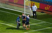 10 June 2018; Dublin goalkeeper Stephen Cluxton is treated by medics after he was tackled after the ball by James McGivney of Longford, for which McGivney was shown the red card by referee Maurice Deegan, during the Leinster GAA Football Senior Championship Semi-Final match between Dublin and Longford at Croke Park in Dublin. Photo by Piaras Ó Mídheach/Sportsfile