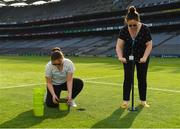 10 June 2018; Volunteers from the GAA Museum and the Croke Park Community team taking up sections of the Croke Park pitch following the Leinster GAA Football Championship Semi-Finals on Sunday 10th June. These unique potted pieces of Croke Park are now on sale for €10 in the GAA Museum gift shop for a limited period. All profits from the sale of these pots will go to the Official GAA Charities for 2018 – Mayo Roscommon Hospice Foundation, Cavan Monaghan Palliative Care, Kerry Hospice Foundation, Jack and Jill Children’s Foundation and Concern. Pictured are Lauren Burke, left, and Niamh Toolan, both from Glasnevin. Croke Park, Dublin. Photo by Piaras Ó Mídheach/Sportsfile