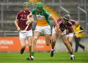 13 June 2018; Brian Duignan of Offaly in action against Ian O'Shea, left, and Caelom Mulry of Galway during the Bord Gáis Energy Leinster Under 21 Hurling Championship 2018 Quarter Final match between Offaly and Galway at Bord Na Móna O'Connor Park, in Tullamore, Offaly. Photo by Piaras Ó Mídheach/Sportsfile