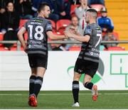 15 June 2018; Robbie Benson of Dundalk, left, celebrates with Michael Duffy of Dundalk after scoring his side's first goal during the SSE Airtricity League Premier Division match between Derry City and Dundalk at the Brandywell Stadium, Derry. Photo by Oliver McVeigh/Sportsfile