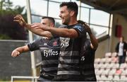 15 June 2018; Patrick Hoban of Dundalk celebrates with team-mates after scoring his side's third goal during the SSE Airtricity League Premier Division match between Derry City and Dundalk at the Brandywell Stadium in Derry. Photo by Oliver McVeigh/Sportsfile