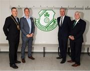 18 June 2018; Cllr Paul Gogarty, Mayor South Dublin County Council, left, Jonathan Roche, Chairman, Shamrock Rovers FC, John Delaney, CEO, Football Association of Ireland, and Tony Fitzgerald, President, Football Association of Ireland, right, pose for a photograph at the dressing room during the official opening of Shamrock Rovers state of the art 11-a-side and 7-a-side grass pitches and facilities at Roadstone Group Sports Club, Kingswood, Dublin. Photo by Stephen McCarthy/Sportsfile