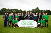 18 June 2018; Tony Fitzgerald, President, Football Association of Ireland, Cllr Paul Gogarty, Mayor South Dublin County Council, Jonathan Roche, Chairman, Shamrock Rovers FC, and John Delaney, CEO, Football Association of Ireland, officially cut the ribbon in the company of FAI Council members and Shamrock Rovers Board members, players and staff at the official opening of Shamrock Rovers state of the art 11-a-side and 7-a-side grass pitches and facilities at Roadstone Group Sports Club, Kingswood, Dublin. Photo by Stephen McCarthy/Sportsfile