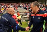 17 June 2018; Waterford manager Derek McGrath, left, shakes hands with Cork manager John Meyler following the Munster GAA Hurling Senior Championship Round 5 match between Waterford and Cork at Semple Stadium in Thurles, Tipperary. Photo by Matt Browne/Sportsfile