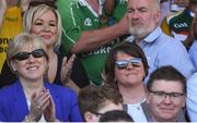 24 June 2018; Heather Humphreys T.D, Sinn Fein MLA Michelle O'Neill with DUP leader Arlene Foster and Ard Stiúrthóir of the GAA Tom Ryan, on the right, during the Ulster GAA Football Senior Championship Final match between Donegal and Fermanagh at St Tiernach's Park in Clones, Monaghan. Photo by Ramsey Cardy/Sportsfile