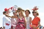30 June 2018; Regina Horan from Malahide, Co Dublin, centre, winner of the best dressed lady competition with the other four finalists, from left Claire Murphy from Tralee Co Kerry, Eimear Cassidy from Drogheda, Co Louth, Caroline McParland from Co Armagh, Liz Maher from Co Carlow, at day 2 of the Dubai Duty Free Irish Derby Festival at the Curragh Racecourse in Kildare. Photo by Matt Browne/Sportsfile
