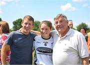 30 June 2018; Former jockey Johnny Murtagh, left, pictured with his daughter Lauren Murtagh of Kildare and his father-in-law Tipperary's Michael ‘Babs’ Keating after the GAA All-Ireland Minor B Ladies Football Semi-final match between Kildare and Waterford, preceding the GAA All-Ireland Minor A Ladies Football Semi-final between Cork and Dublin at MacDonagh Park in Nenagh, Tipperary. Photo by Harry Murphy/Sportsfile