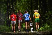 3 July 2018; Breaking new ground: Top inter-county stars took in the breath-taking scenery at Mullaghmeen Forest in county Westmeath, to launch the revamped 2018 TG4 All-Ireland championships. TG4 have announced a four-year extension of their sponsorship of the Ladies Football championships, with the new deal set to last until the conclusion of the 2022 season. 17 Ladies Football championship games will be broadcast this summer exclusively live on TG4, with the senior and intermediate championships to be played on a new, round-robin basis. Pictured are, from left, Melissa Duggan of Cork with Áine McDonagh of Galway, Niamh McEvoy of Dublin and Karen Guthrie of Donegal at Mullaghmeen Forest, Co. Westmeath. Photo by Seb Daly / Sportsfile