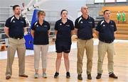 30 June 2018; Ireland team managemenr, from left, assistant coach Paul Kelleher, team manager Grace O'Sullivan, physio Maura Murphy, assistant coach Francis O'Sullivan and head coach Mark Scannell prior to the FIBA 2018 Women's European Championships for Small Nations Classification match between Ireland and Moldova at Mardyke Arena, Cork, Ireland. Photo by Brendan Moran/Sportsfile