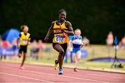 7 July 2018; Fatimo Amusa from Leevale AC, Cork, leads her team home to win the girls under-13 4x100m relay during the Irish Life Health Juvenile B Championships & Inter Club Relays at Tullamore Harriers Stadium in Tullamore, Co. Offaly. Photo by Matt Browne/Sportsfile