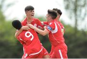 7 July 2018; Harrison McGrane of Shelbourne celebrates with teammates after scoring his side's second goal during the SSE Airticity National U15 League match between Shelbourne and Finn Harps at the AUL in Clonshaugh, Co. Dublin. Photo by Eoin Smith/Sportsfile