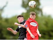 7 July 2018; Zach Donohue of Shelbourne in action against Caomhan Wheeler of Finn Harps during the SSE Airticity National U15 League match between Shelbourne and Finn Harps at the AUL in Clonshaugh, Co. Dublin. Photo by Eoin Smith/Sportsfile