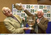 18 August 2003; Phil Mooney of St. Patrick's Athletic, left and Pat O'Hanlon, Chairman of Kildare County, pictured at the FAI Carlsberg Senior Cup Quarter-Final draw at Portmarnock Hotel and Golf Links in Dublin. Photo by David Maher/Sportsfile