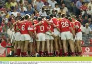 16 August 2003; The Cork team have a team talk before the start of the game at the Guinness All-Ireland Senior Hurling Championship Semi-Final replay between Cork and Wexford at Croke Park, Dublin. Photo by Ray McManus/Sportsfile
