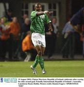 19 August 2003; Clinton Morrison of Republic of Ireland celebrates after scoring his sides second goal during an International Friendly between Republic of Ireland and Australia at Lansdowne Road, Dublin. Photo by Damien Eagers/Sportsfile