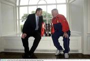 21 August 2003; St. Patrick's Athletic manager Eamonn Collins, right, and Longford Town manager Alan Mathews, pictured after an eircom League press conference to announce that the eircom league Cup final between St. Patrick's Athletic and Longford Town will take place on Monday, 25th August, at Richmond Park in Dublin. Photo by Damien Eagers/Sportsfile