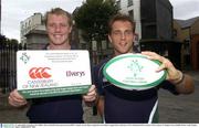 21 August 2003; Irish players Eric Miller, (left), and Keith Gleeson pictured at the IRFU's launch of a new Player registration card which is supported by Canterbury of New Zealand and Elverys Sports at Elverys Sports, St Stephens Green in Dublin. Photo by Damien Eagers/Sportsfile