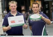 21 August 2003; Irish players Eric Miller, left, and Keith Gleeson pictured at the IRFU's launch of a new Player registration card which is supported by Canterbury of New Zealand and Elverys Sports at Elverys Sports, St Stephens Green in Dublin. Photo by Damien Eagers/Sportsfile