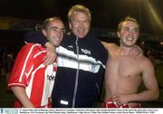 21 August 2003; Sligo Rovers manager Don O'Riordan, centre, celebrates with players Ollie Keogh, left, and Raff Cretaro after their side's victory over Shelbourne after the FAI Carlsberg Cup Third Round replay between Shelbourne and Sligo Rovers at Tolka Park in Dublin. Photo by David Maher/Sportsfile