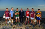 10 July 2018; In attendance at the GAA Hurling and Football All Ireland Senior Championship Series National Launch at Dun Aengus in the Aran Islands, Co Galway, are from left, Damien Comer of Galway, Michael Fitzsimons of Dublin with the Sam Maguire Cup and Shane Enright of Kerry, Uachtarán Chumann Lúthchleas Gael John Horan, Seamus Harnedy of Cork, Johnny Coen of Galway with the Liam MacCarthy Cup and David Fitzgerald of Clare. Photo by Brendan Moran/Sportsfile