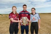 10 July 2018; Johnny Coen of Galway with Aisling Mullen, left, Aoife Guildea, from Inis Mór, Co. Galway, during a visit to Aran Islands GAA club prior to the GAA Hurling and Football All Ireland Senior Championship Series National Launch at the Aran Islands, Co Galway. Photo by Diarmuid Greene/Sportsfile