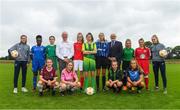11 July 2018; Tom Dennigan, Continental Tyres, centre, and Fran Gavin, FAI Competitions Director, with Republic of Ireland Senior players Heather Payne, left, and Isibeal Atkinson, alongside footballers, back row from left, Amidat Karimu of Limerick FC, Rionas Crowley of Cork City WFC, Aife Haran of Sligo Rovers WFC, Bronagh Gallagher of Donegal Women's League, Chloe Darby of Athlone Town, Laura Shankland of Greystones United AFC, Mia Dodd of Shelbourne FC. Front row, from left, Caitlin Quinn of Galway WFC, Niamhie Taylor Hughes of Wexford Youths FC, Rachel McGrath of Peamount FC, and Nadine Clare of Waves FC, during a Continental Tyres Under 17 Women's National League launch at the FAI HQ in Abbotstown, Dublin. Photo by Piaras Ó Mídheach/Sportsfile