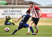 12 July 2018; Conor McDermott of Derry City in action against Anton Saroka of Dinamo Minsk during the UEFA Europa League 1st Qualifying Round First Leg match between Derry City and Dinamo Minsk at Brandywell Stadium in Derry. Photo by Oliver McVeigh/Sportsfile