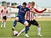 12 July 2018; Maksim Zhaunerchyk of Dinamo Minsk in action against Alister Roy of Derry City during the UEFA Europa League 1st Qualifying Round First Leg match between Derry City and Dinamo Minsk at Brandywell Stadium in Derry. Photo by Oliver McVeigh/Sportsfile