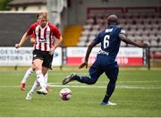 12 July 2018; Aaron Splaine of Derry City in action against Seidu Yahaya of Dinamo Minsk during the UEFA Europa League 1st Qualifying Round First Leg match between Derry City and Dinamo Minsk at Brandywell Stadium in Derry. Photo by Oliver McVeigh/Sportsfile