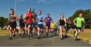 14 July 2018; David Gillick, Vhi ambassador and Irish Olympian, along with participants at the start of  the Vhi Roadshow at Dundalk parkrun at Dundalk Institute of Technology, Dublin Road, in Dundalk, Co. Louth.  Photo by Oliver McVeigh/Sportsfile