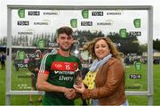 14 July 2018; Oisín McLaughlin of Mayo is presented with his EirGrid Man of the Match award by Doireann Barry, Head of Power System Applications at EirGrid, following the EirGrid GAA Football U20 All-Ireland Semi-Final match between Mayo and Derry at Páirc Seán Mac Diarmada, Carrick-on-Shannon, Co. Leitrim. Photo by Piaras Ó Mídheach/Sportsfile