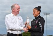 16 July 2018; Rianna Jarrett of Wexford Youth Womens FC is presented with with her Continental Tyres Women's National League Player of the Month award for June by Tom Dennigan of Continental Tyres Group, at Ferrycarrig Park, in Wexford. Photo by Seb Daly/Sportsfile