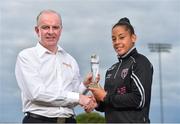 16 July 2018; Rianna Jarrett of Wexford Youth Womens FC is presented with with her Continental Tyres Women's National League Player of the Month award for June by Tom Dennigan of Continental Tyres Group, at Ferrycarrig Park, in Wexford. Photo by Seb Daly/Sportsfile