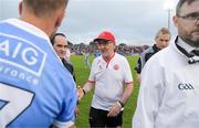21 July 2018; Tyrone manager Mickey Harte shakes hands with referee David Coldrick as Jonny Cooper of Dublin waits his turn after the GAA Football All-Ireland Senior Championship Quarter-Final Group 2 Phase 2 match between Tyrone and Dublin at Healy Park in Omagh, Tyrone. Photo by Ray McManus/Sportsfile