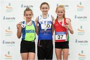 22 July 2018; Sophie Quinn from Ratoath A.C. Co Meath who won the girls under-14 1500m from second place  Aoife  Brown from Metro St. Brigid's A.C. Co Dublin and third place Katie McCleery from City of Lisburn A.C. Co Antrim during Irish Life Health National T&F Juvenile Day 3 at Tullamore Harriers Stadium in Tullamore, Co Offaly. Photo by Matt Browne/Sportsfile