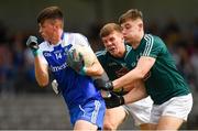 28 July 2018; Loughlinn Power of Monaghan in action against Jack Cleary, centre, and Conor McGroarty of Kildare during the Electric Ireland GAA Football All-Ireland Minor Championship Quarter-Final match between Monaghan and Kildare at TEG Cusack Park in Mullingar, Westmeath. Photo by Piaras Ó Mídheach/Sportsfile