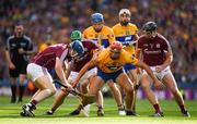 28 July 2018; Peter Duggan of Clare, supported by Shane O'Donnell, 15, and Seadna Morey, in action against Paul Killeen, 17, David Burke and Aidan Harte of Galway during the GAA Hurling All-Ireland Senior Championship semi-final match between Galway and Clare at Croke Park in Dublin. Photo by Ray McManus/Sportsfile