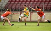 4 August 2018; Sarah Jane McDonald of Donegal in action against Caroline O'Hanlon, left, and Sarah Marley of Armagh during the TG4 All-Ireland Ladies Football Senior Championship quarter-final match between Armagh and Donegal at Healy Park in Omagh, Tyrone. Photo by Oliver McVeigh/Sportsfile