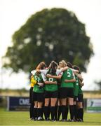 4 August 2018; Peamount United players huddle ahead of the Continental Tyres Women's National League match between Peamount United and UCD Waves at Greenogue in Newcastle, Dublin. Photo by Eóin Noonan/Sportsfile