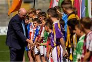 5 August 2018; Uachtarán Chumann Lúthchleas Gael John Horan greets attendees during the ceremony to mark the Centenary of Gaelic Sunday at Croke Park in Dublin. Photo by Piaras Ó Mídheach/Sportsfile