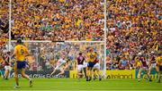 5 August 2018; Peter Duggan of Clare, 10,  shoots past James Skehill of Galway in goal for Clare's second goal in the 54th minute of the GAA Hurling All-Ireland Senior Championship semi-final replay match between Galway and Clare at Semple Stadium in Thurles, Co Tipperary. Photo by Ray McManus/Sportsfile