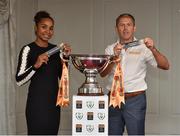 11 August 2018; Former French international Laura Georges draws Wilton United with John Morgan from Continental Tyres drawing Kilkenny United during the Continental Tyres FAI Women's Senior Cup Draw at Rochestown Park Hotel in Douglas, Cork. Photo by Matt Browne/Sportsfile