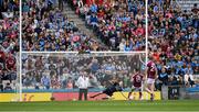 11 August 2018; Dublin goalkeeper Stephen Cluxton dives to his left to save a 12th minute penalty from Damien Comer of Galway during the GAA Football All-Ireland Senior Championship semi-final match between Dublin and Galway at Croke Park in Dublin. Photo by Ray McManus/Sportsfile