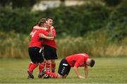 11 August 2018; Dean O'Brien celebrates with team mates after scoring his side's first goal in the 93rd minute during the Irish Daily Mail FAI Cup First Round match between Dublin Bus and CIE Ranch at Coldcut Collinstown in Dublin. Photo by Eóin Noonan/Sportsfile