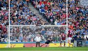 11 August 2018; Dublin goalkeeper Stephen Cluxton dives to his left to save a 12th minute penalty from Eamonn Brannigan of Galway during the GAA Football All-Ireland Senior Championship semi-final match between Dublin and Galway at Croke Park in Dublin.  Photo by Ray McManus/Sportsfile